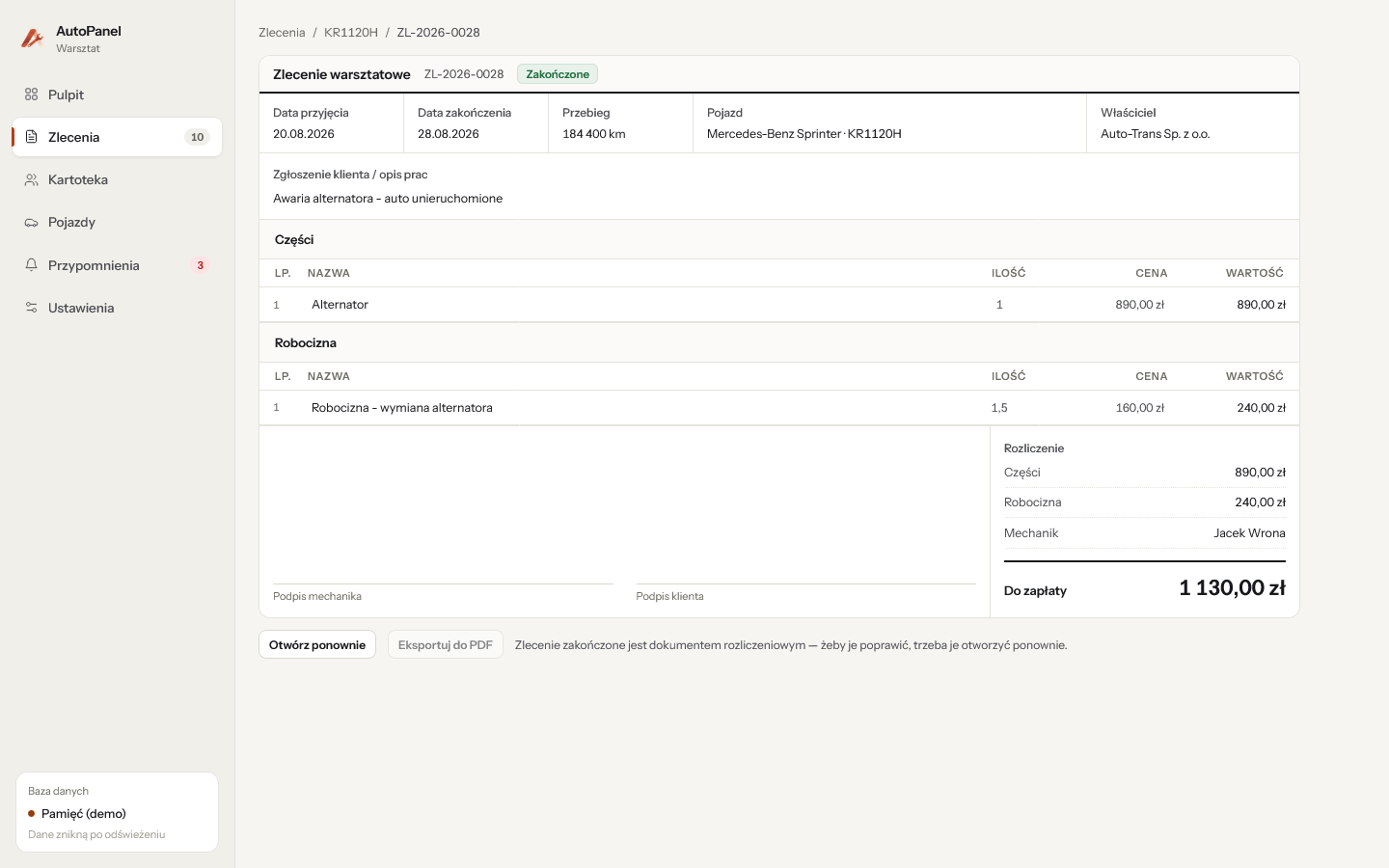 Zakończone zlecenie w AutoPanel z rozliczeniem części i robocizny